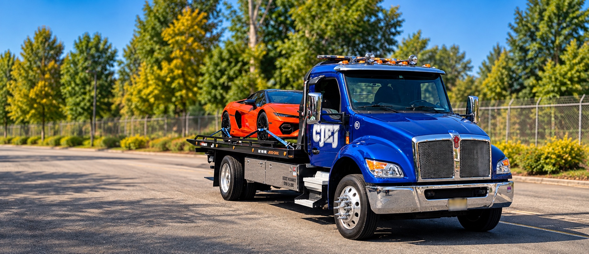 Blue CJEJ flatbed tow truck transporting an orange Lamborghini