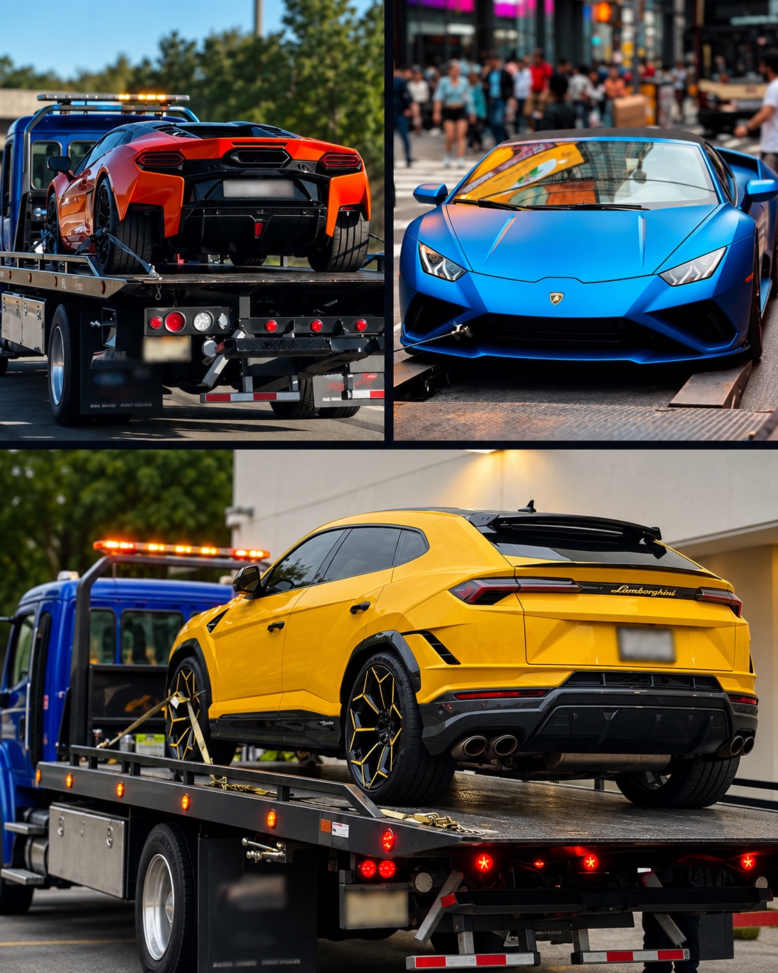 CJEJ Logistics specialty vehicle transport collage Collage of orange, blue, and yellow Lamborghini vehicles transported by CJEJ Logistics