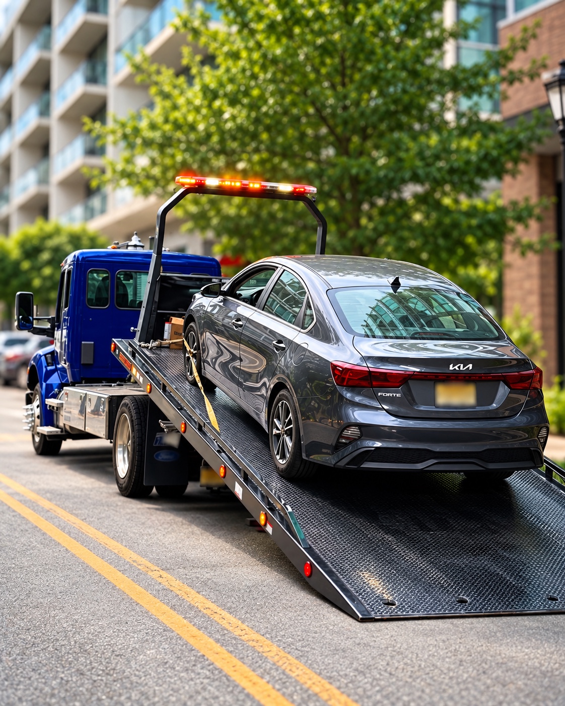 CJEJ Logistics loading a gray Kia Forte onto a flatbed tow truck in Edgewater, New Jersey