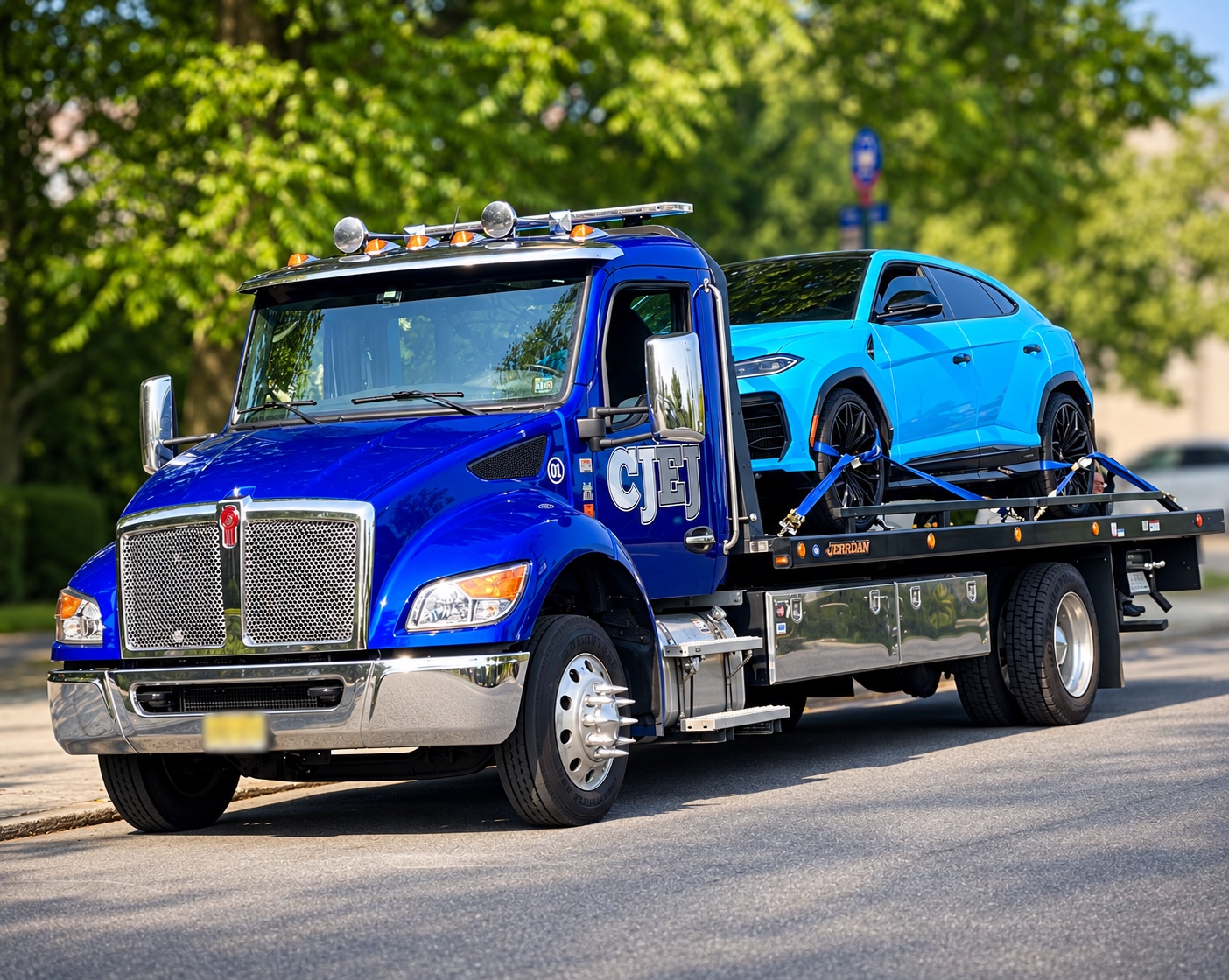 Complete CJEJ flatbed tow truck carrying a blue Lamborghini SUV